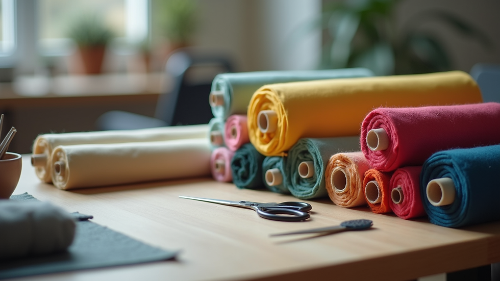 Close-up view of fabric rolls and sewing tools on a worktable