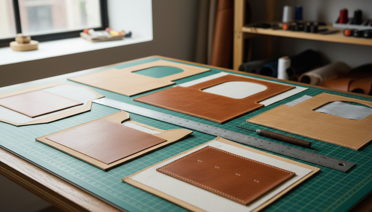 Close-up of handbag patterns placed beside cut leather panels.