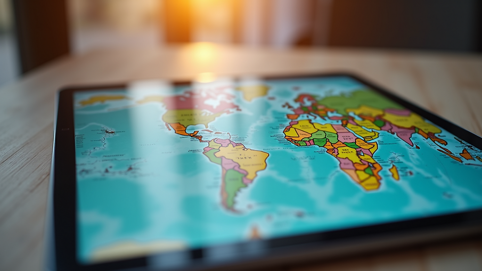 Close-up view of a tablet showing a colorful interactive travel map