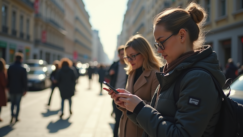 Eye-level view of tourists using mobile technology in a city