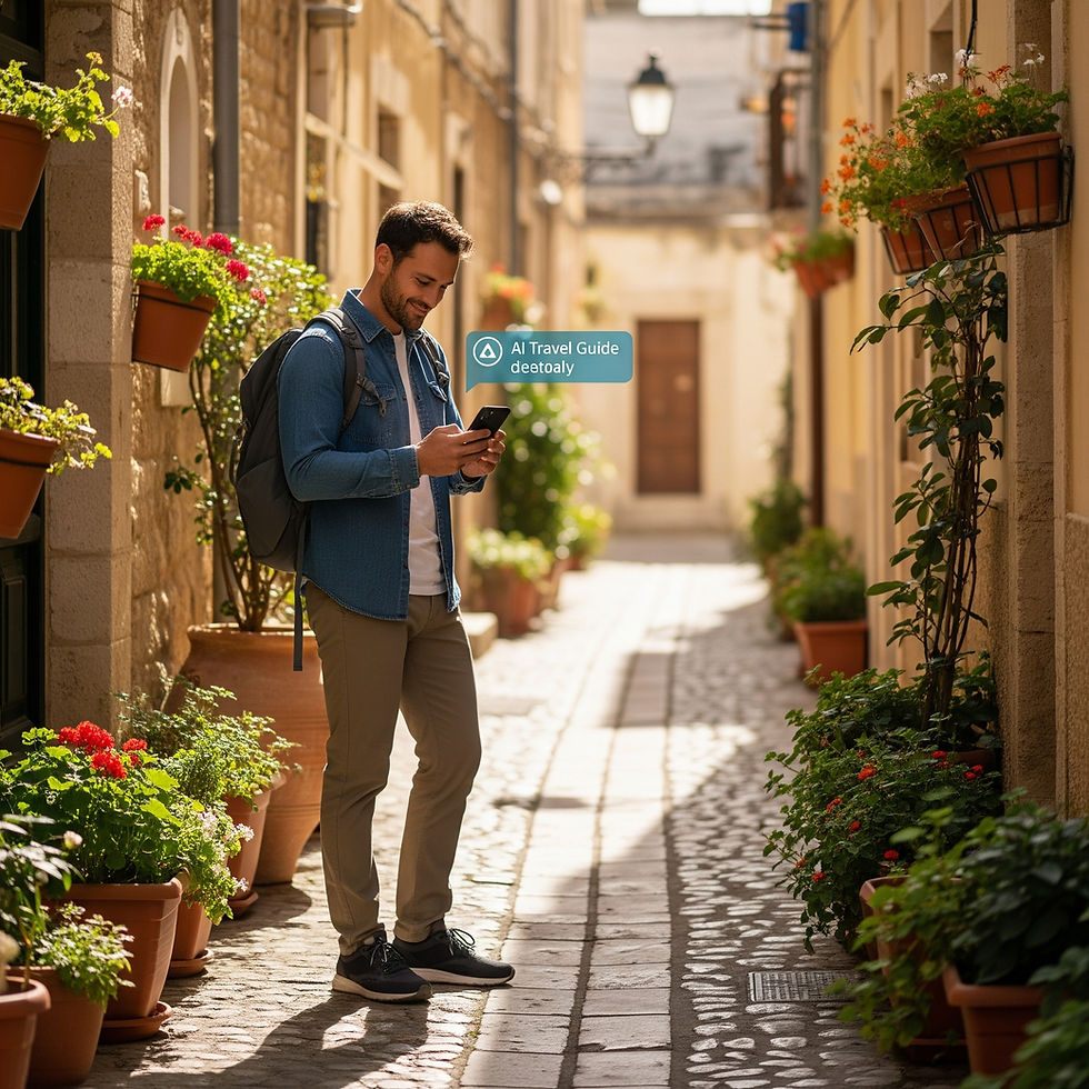 A young traveler with a backpack using a smartphone in a charming Italian alley lined with flower pots, interacting with an AI travel guide.