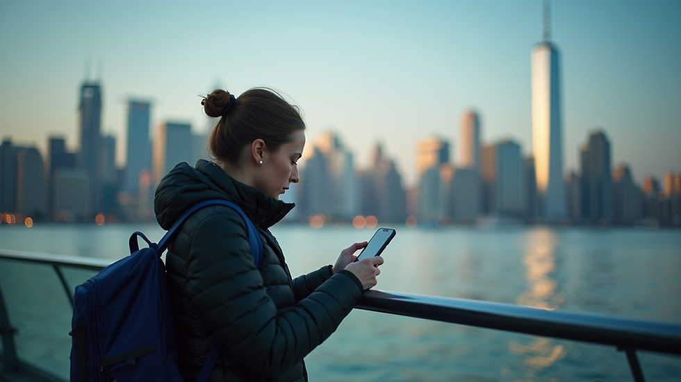 Eye-level view of a traveler using a smartphone with a city skyline in the background