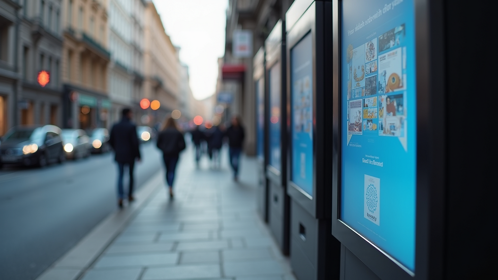 Eye-level view of a city street with digital information kiosks