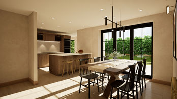 Open-plan kitchen and dining space with garden-facing glazing
