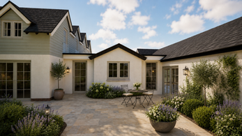Renovated home exterior showing proposed materials, windows and landscaping