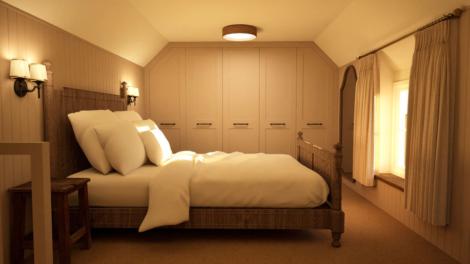 Cottage-inspired bedroom design with fitted wardrobes and warm neutral interior palette.