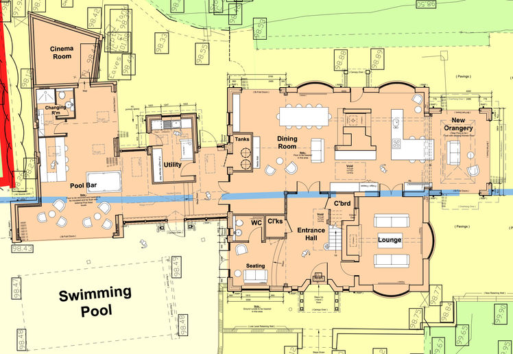 Ground floor layout plan used to explore alternative hall and kitchen arrangements.