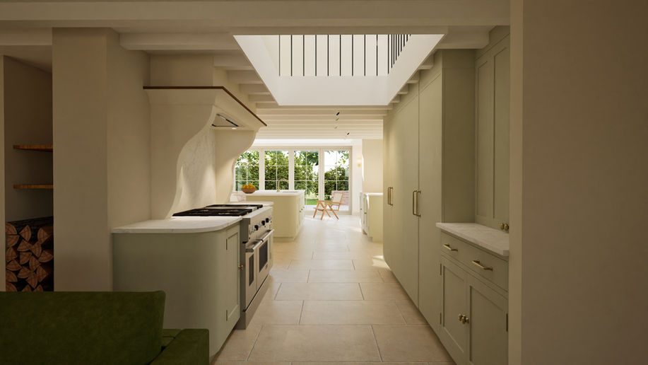 Kitchen layout option exploring circulation and views towards the garden.