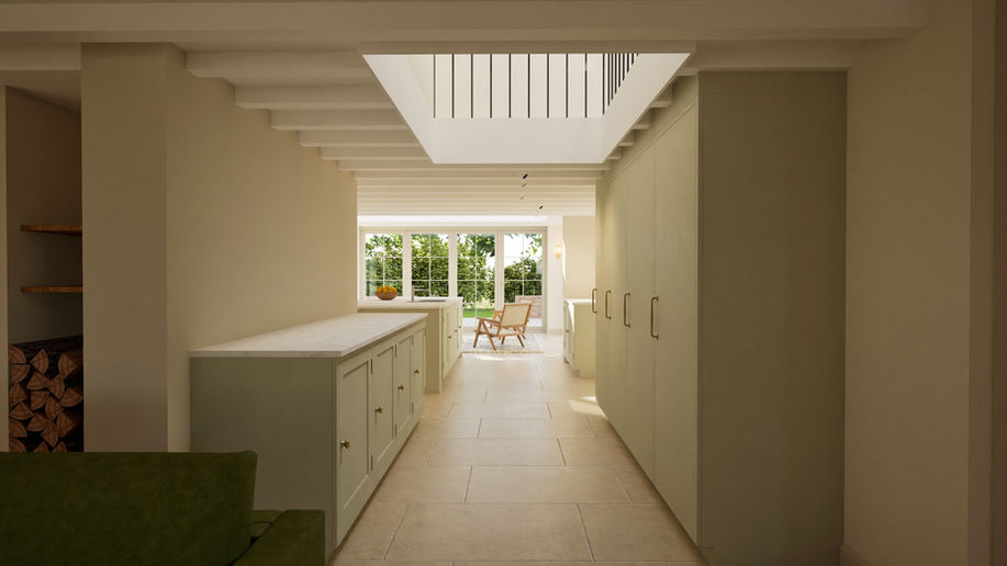 Alternative kitchen design with revised cabinetry and island arrangement.