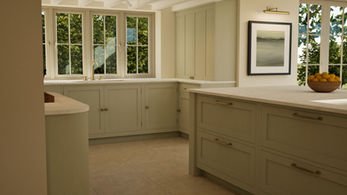 Kitchen design with large windows overlooking the garden