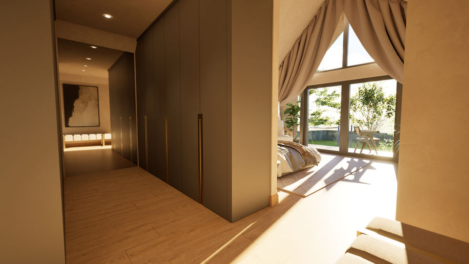 Interior visualisation showing circulation route between bedroom and dressing area.