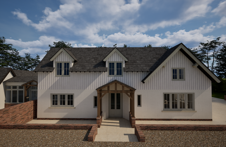Renovated home exterior showing selected materials, colours and windows.