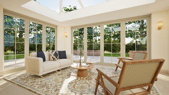 Bright garden-facing seating area with rooflights and large glazed doors