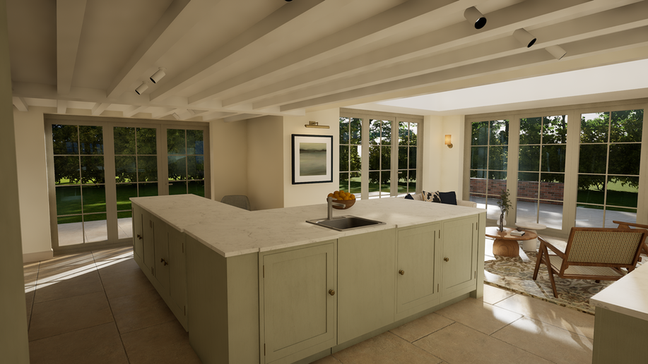 Kitchen design option featuring large island and garden-facing layout.