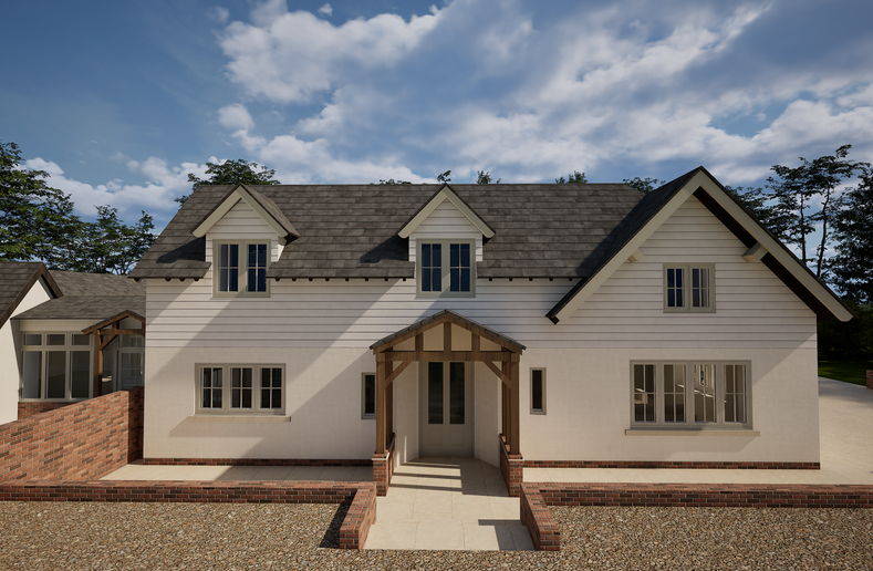 Alternative exterior design exploring window styles and material palette.
