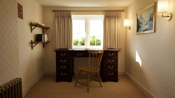 Traditional cottage bedroom with vintage desk, patterned wallpaper and natural light.