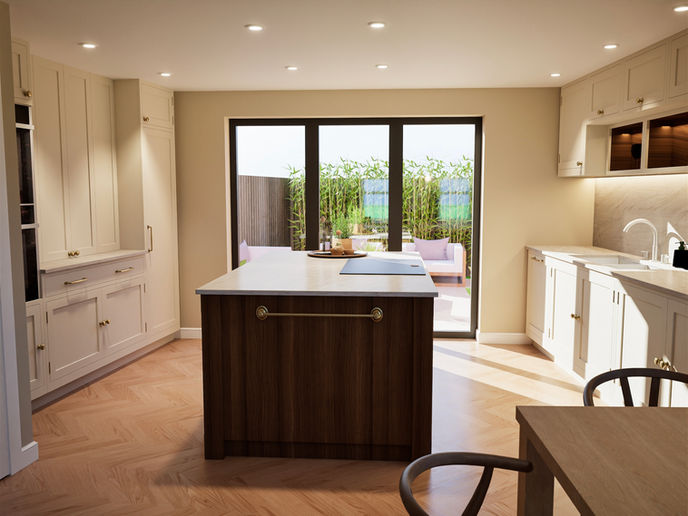 Modern kitchen with central island and garden-facing glazing.