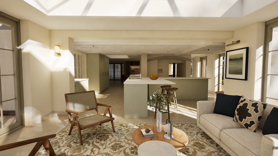Open-plan family space showing relationship between kitchen and living areas.