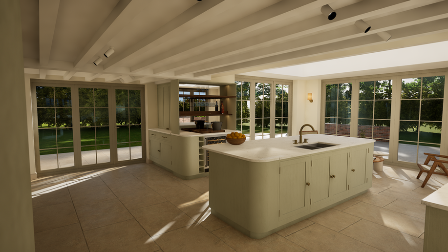 Open-plan kitchen with central island and connections to surrounding living spaces.
