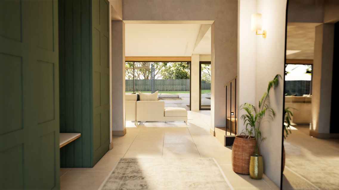 Large entry hall into open plan kitchen living space