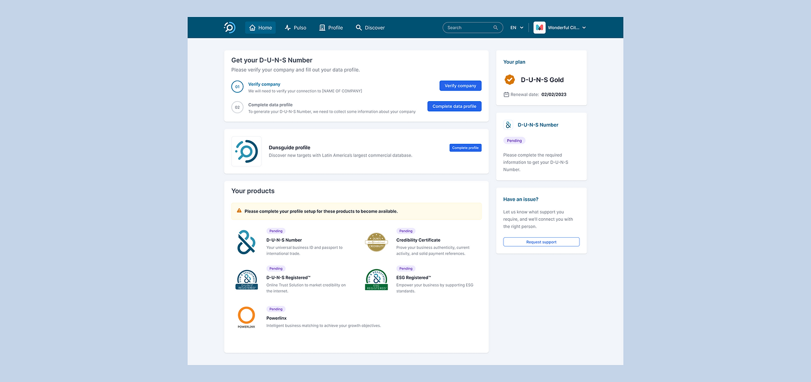 Dashboard of the homebase for SMEs companies in Dunsguide. 