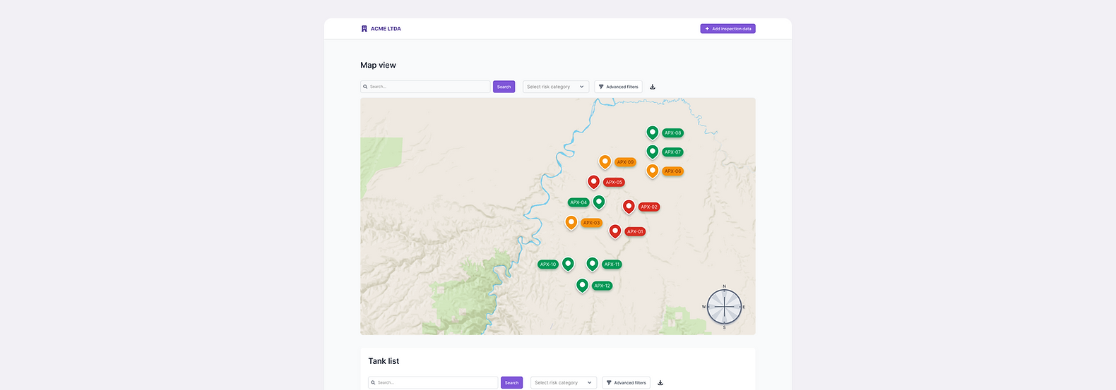 Dashboard showing a map with a representation of tanks in the colos red, yellow and orange to represent the risk level each t