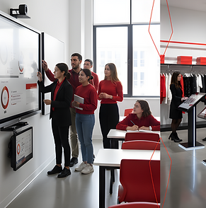 Use Red, White and black colors. Students using touch board screens for school and people
