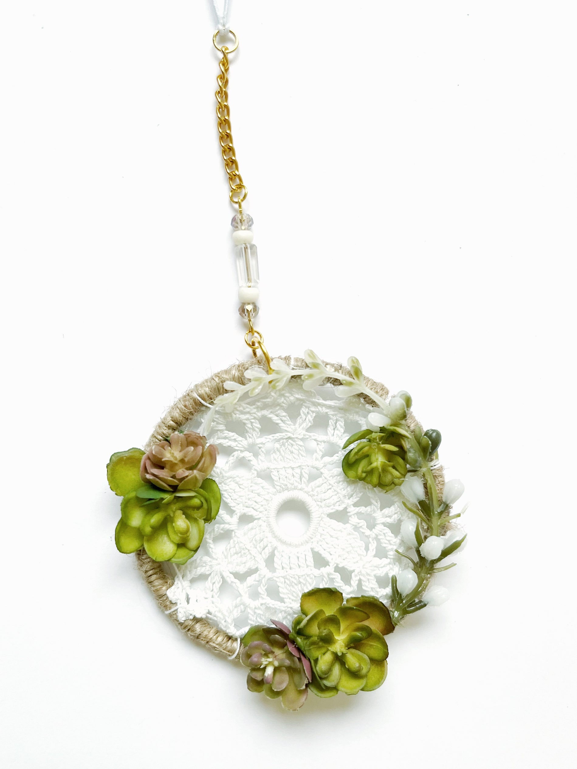 Boho Succulent Doily Car Mirror Charm