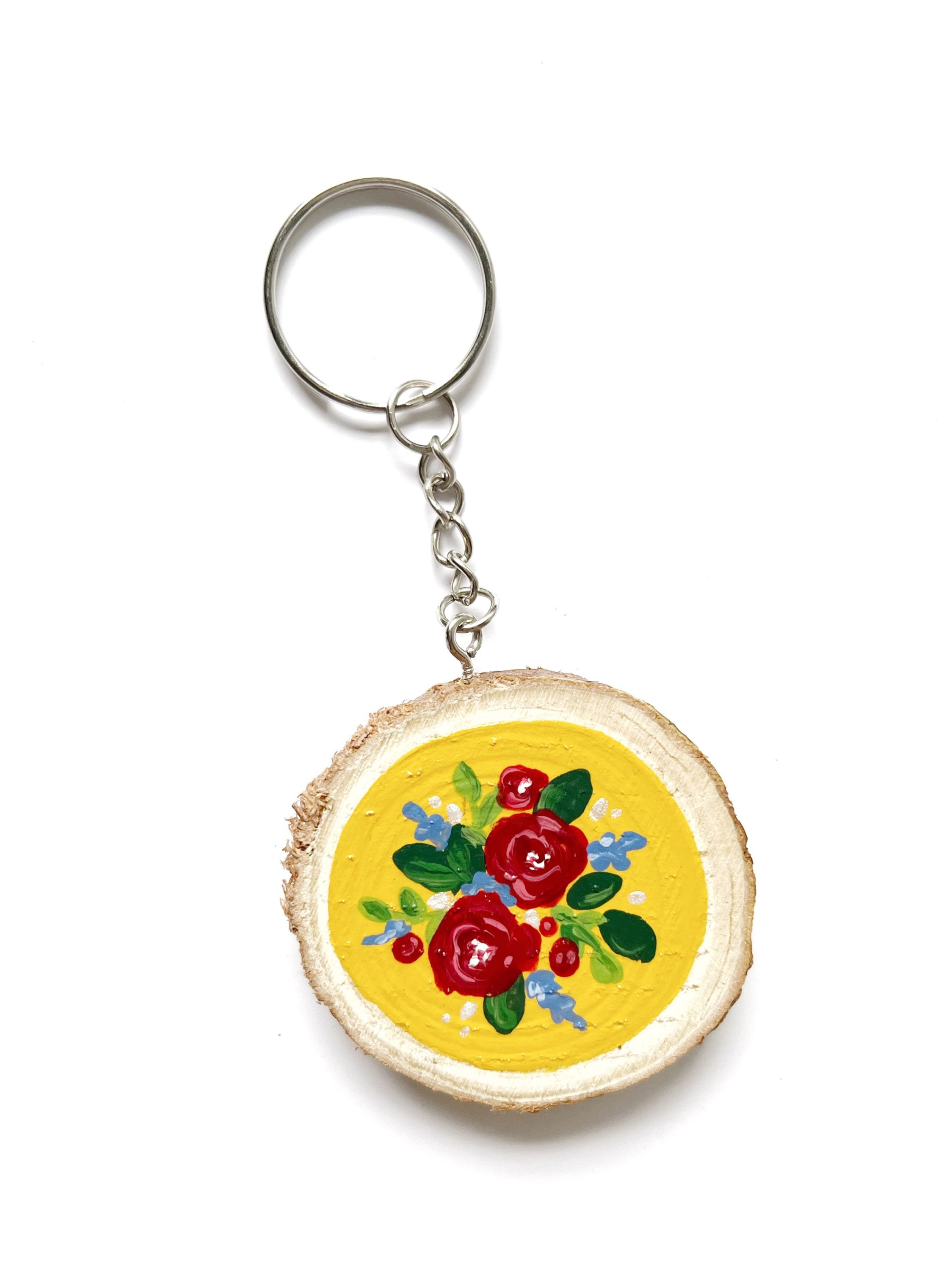 Floral Wood Slice Keychain - Yellow Wildflowers