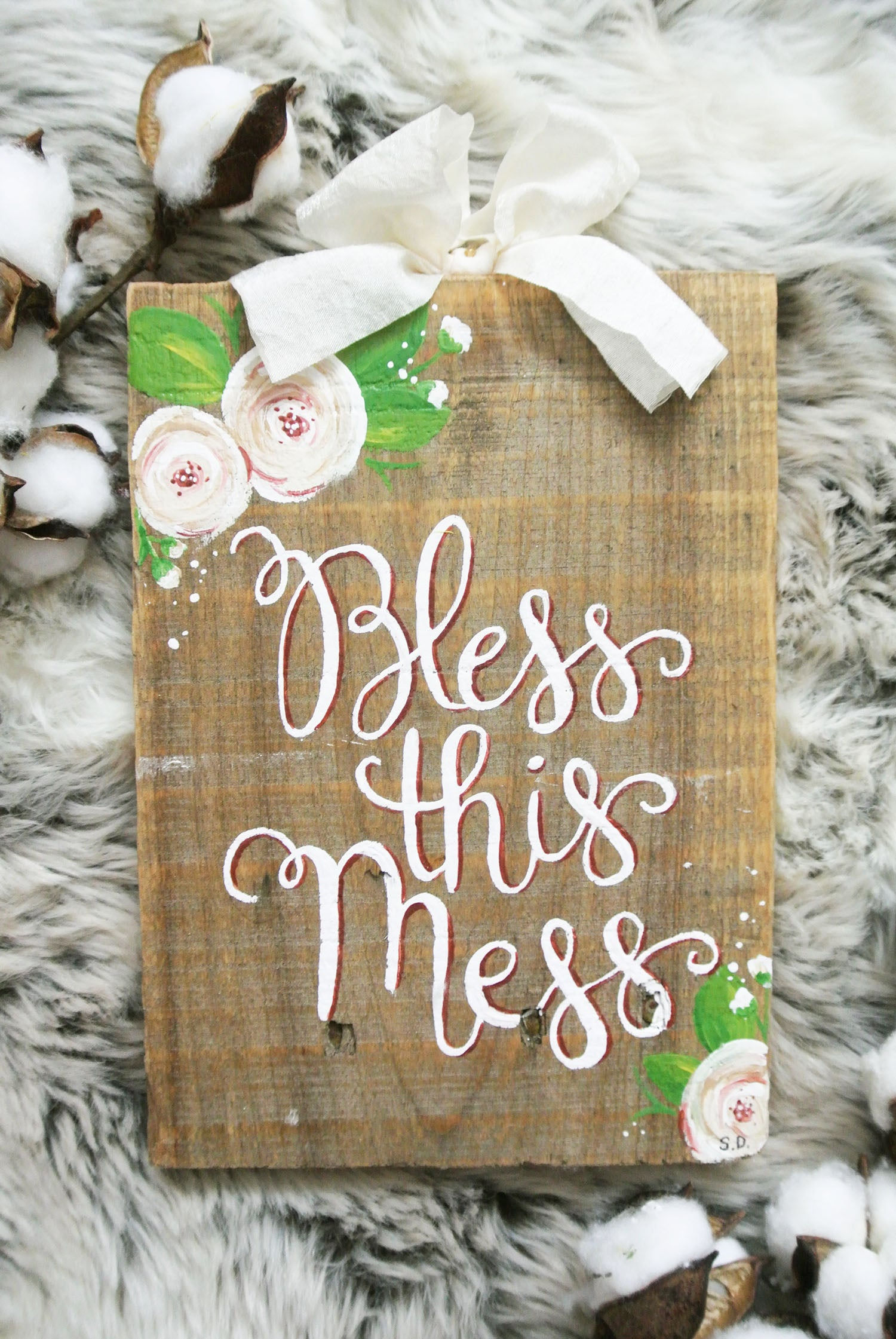 "Bless This Mess" Floral Wood Sign
