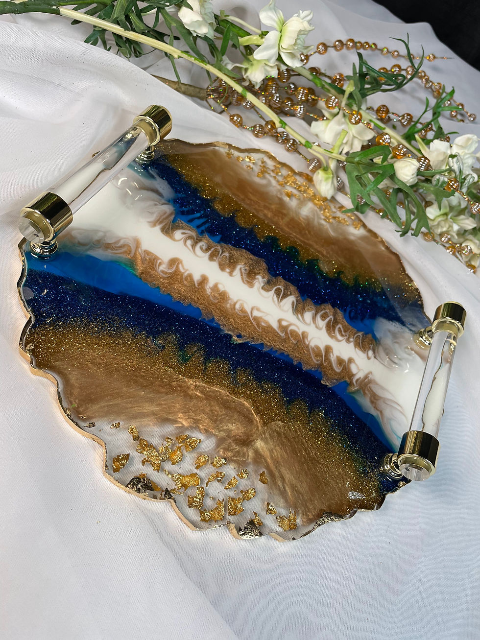 Blue, White, Gold river of gold tray