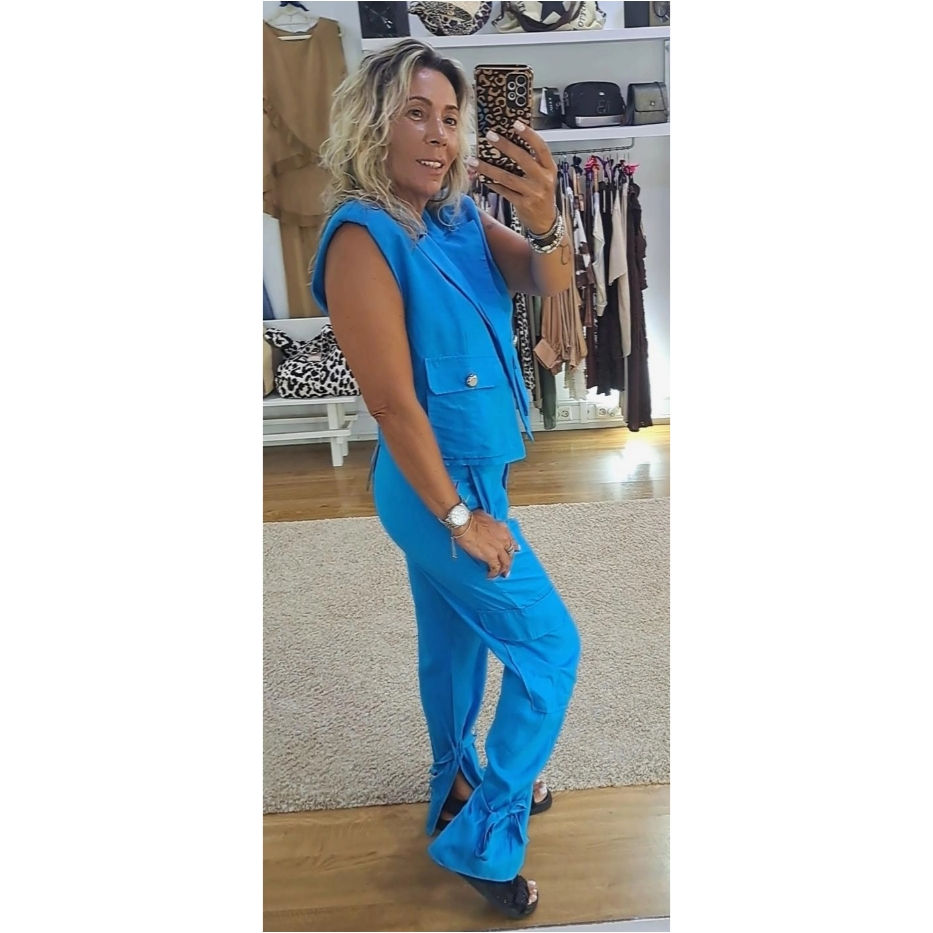 Miniatura: Calça linho com atilhos tornozelo