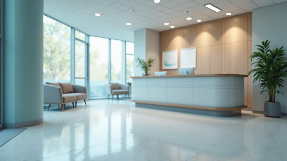 Eye-level view of a modern primary care clinic reception desk