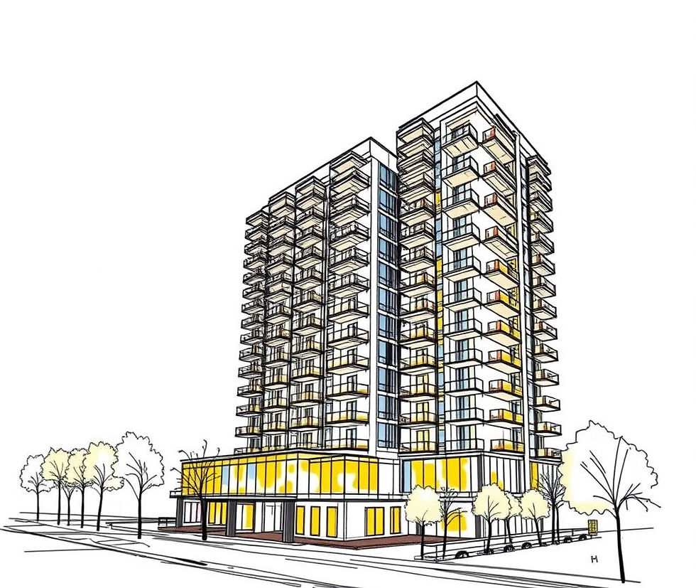 A sketch drawing of a high rise property development painted with colours of the theme of 