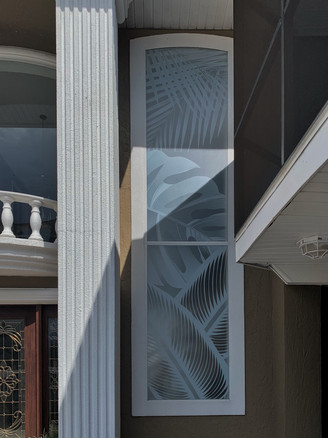 Custom Decorative Design from collection MN100M (Modern Nature), re-styled for this large glass window design. White frost and clear frost. Balanced opacity to allow for a high light intake.