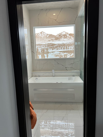 custom decorative bathroom design for a beautiful modern bathroom. clear frost, white frost and greyscale in various layers.
