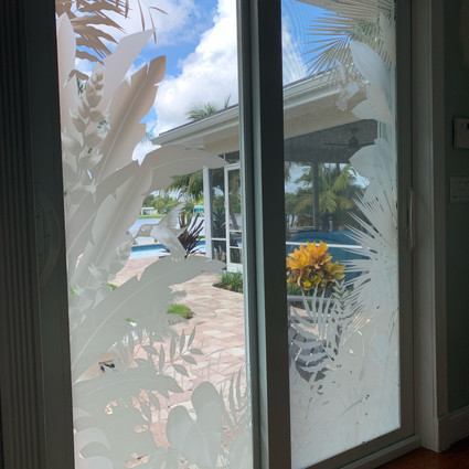 Sliding door design with a Tropical Theme. Clear background. White frost shades.