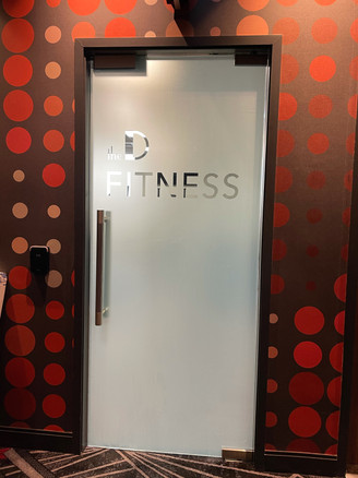 Custom Logo Design in Cut out style for The D Fitness in Las Vegas. 60% white point and clear lettering.