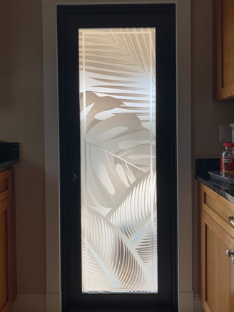 Custom modifications of design MN100M for a Decorative bathroom door. different shades of white for the leaves and clear frost in the back