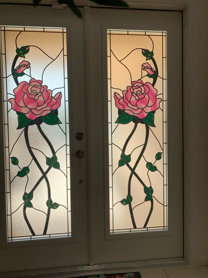 Stained glass look for decorative front doors, custom design with family meanings. Glue Chips glass texture background.