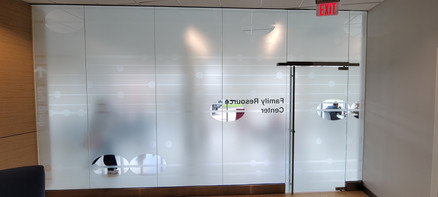 Three different level of privacy are used in this glass wall design, from clear to opaque. The design represents an area of a specific music score.