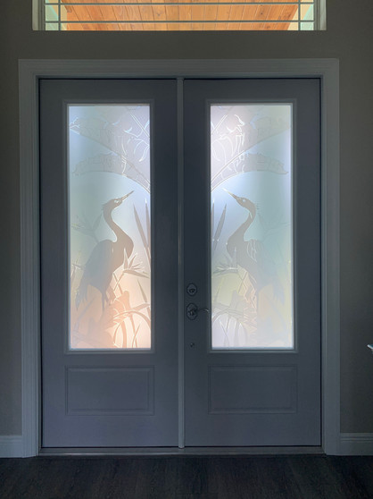 Front Door design with decorative window film in various white frost tones. Mirrored design, tailored to entrance space and style.