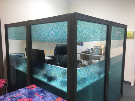 Custom Decorative film with damask design. Colored Tiffany (a specific point of blue/green) frost with white frost damask.