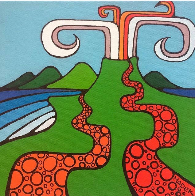 Painting of a volcano erupting.