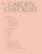 Garden checklist on a peach background with sections for supplies, beginner plants, and garden space tasks. Text is in green.