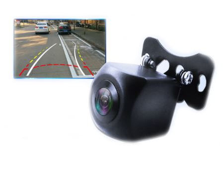 Black car rear view camera with screen showing parking lines