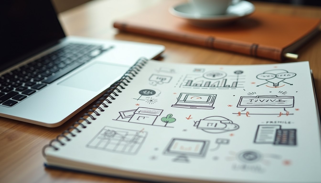 High angle view of a laptop and notebook with branding sketches