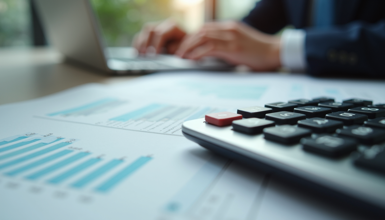 Eye-level view of a calculator and financial documents on a desk