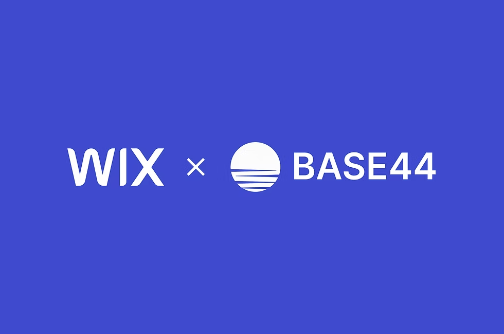 WIX and BASE44 logos in white on a blue background, with an icon resembling a stylized horizon. Mood is calm and professional.