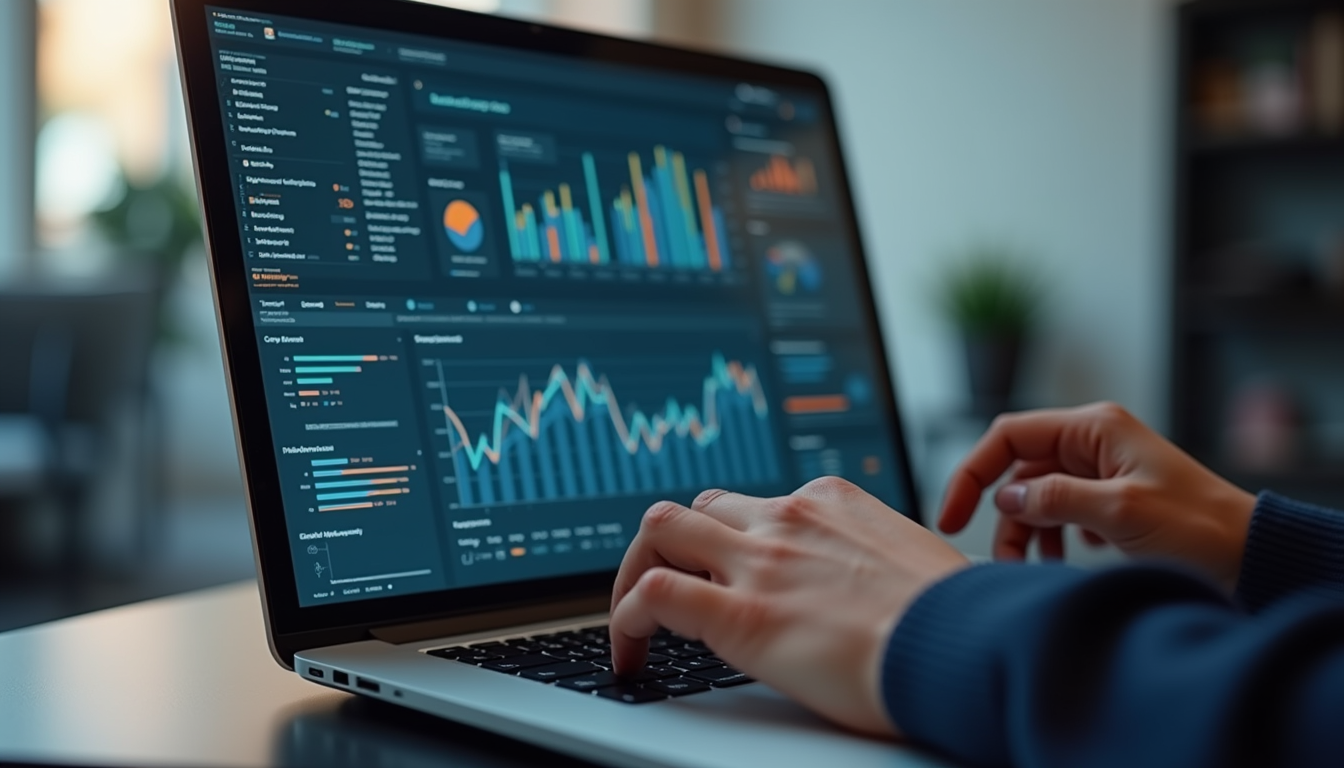 Eye-level view of a person analyzing SEO data on a laptop
